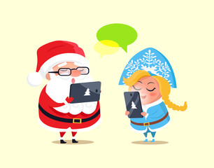 Santa, Snow Maiden and Gadgets Vector Illustration