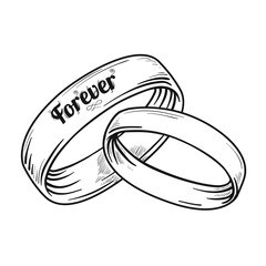 Vector Pair of traditional golden wedding rings. Realistic hand drawing of rings. Black and white version. Symbol of eternal love. Sketch style illustration isolated on white background.