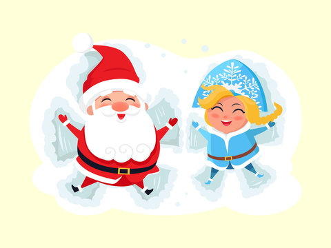 Snow Maiden and Santa Claus Making Angel on Snow