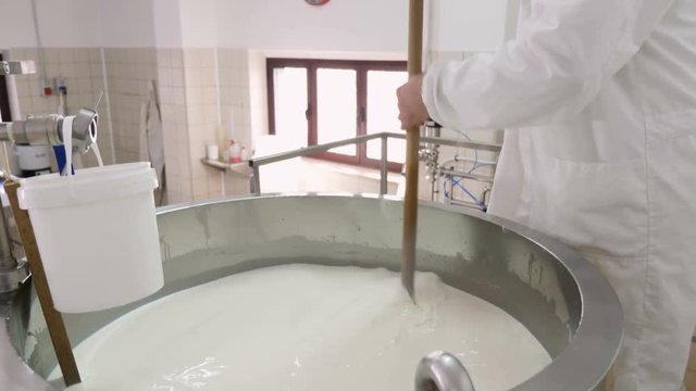 cheese maker mixing milk in the cauldron- Making cheese-Diary cheese factory