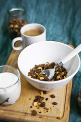 Homemade baked granola with raisin and seed for breakfast on desk