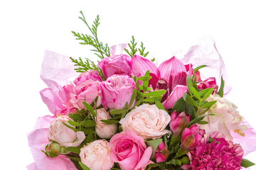 Bright buketny composition from fresh flowers, the white isolated background