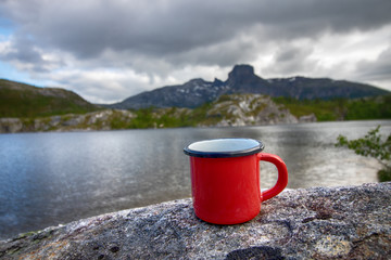 red enamle cup on a rock at the lake