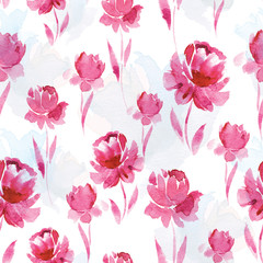 Seamless watercolor pattern of pink flowers on a white background.