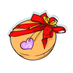 Vector Valentine gift with beautiful red bow and heart. Isolated on white background.