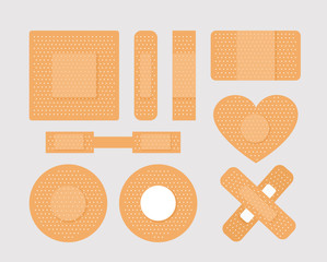 Vector illustration set of first aid band plaster strips in different shapes, Medical patch icon collection. cross, heart and box banners of patches.
