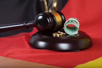 Marriage rings and money. Closeup