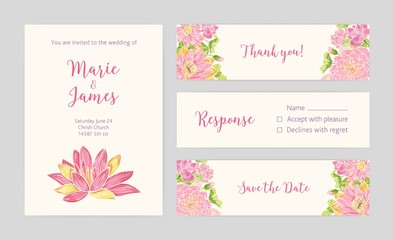 Set of wedding party invitation, Save the Date card, Response and Thank You note templates with blooming lotus flowers hand drawn on light background and place for text. Floral vector illustration.