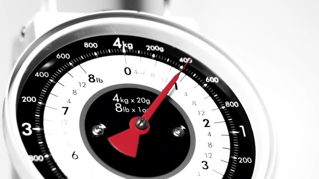 Black and white and colour Vintage scale close up, view of numeric household scale instrument and indicator, measuring food for preparing meals