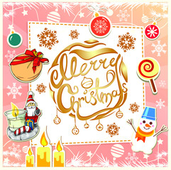 Vector Merry Christmas design of card with snowman, Santa, candle, lollipop, toys and snowflake.