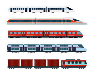 Vector illustration set of modern passenger trains. Subway transport, high speed trains and underground train. Metro train in flat style. - obrazy, fototapety, plakaty