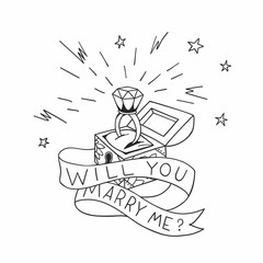 Dead man chest whit a wedding rind with diamond and shiny crown. Will you marry me design in traditional tattoo style. Vector illustration.