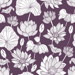 Romantic seamless pattern with tender blooming lotus hand drawn with contour lines on purple background. Backdrop with exotic flowers, buds and leaves. Floral vector illustration for fabric print.