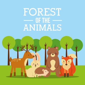 forest of the animals bear deer fox bunny hedgehog vector illustration