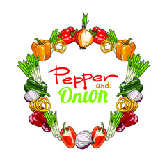 Vector round set of onion and pepper. Isolated on white background. Can be used for poster or emblem or card.