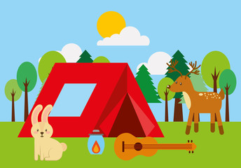 Obraz na płótnie Canvas forest outdoor camp tent guitar bunny and deer animals vector illustration