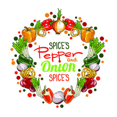 Vector round set of pepper and onion spices. Illustration isolated on white background.