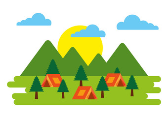 forest outdoor camp field many tents mountains trees vector illustration