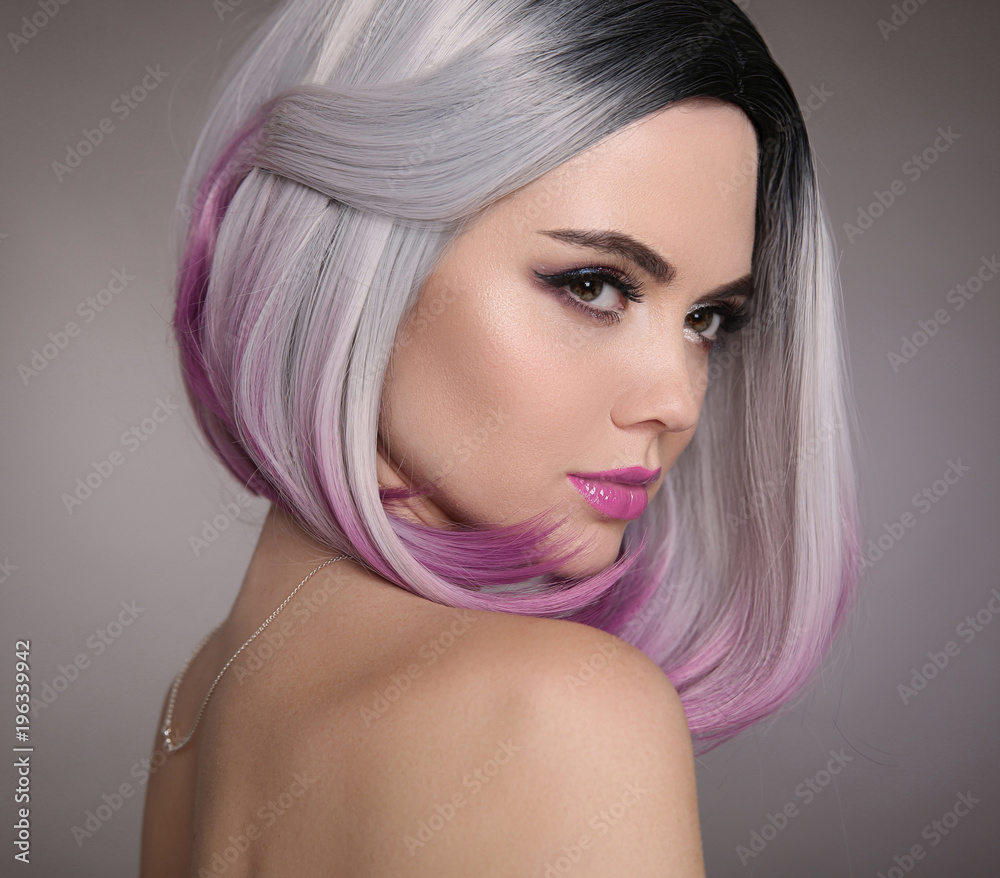 Wall mural Ombre bob short hairstyle. Beautiful hair coloring woman. Fashion Trendy haircut. Blond model with short shiny hairstyle. Concept Coloring Hair. Beauty Salon.