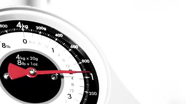 Black and white and colour Vintage scale close up, view of numeric household scale instrument and indicator, measuring food for preparing meals