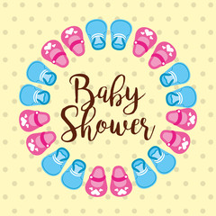baby shower card with blue and pink shoes circle vector illustration
