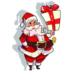 Vector Santa Claus with big present and clock in his hand. Isolated on white background. Cartoon style.