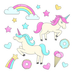 Collection of cartoon unicorns, rainbow, star, heart, ice cream, donut. Vector eps 10