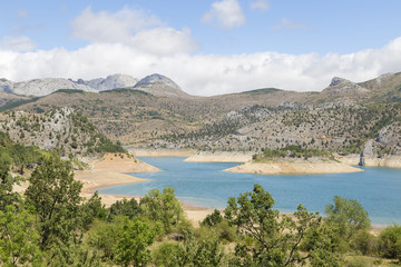 Fototapeta na wymiar Lake with mountains in the background and trees