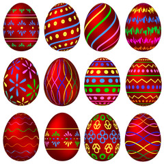 A set of red Easter eggs with colorful patterns