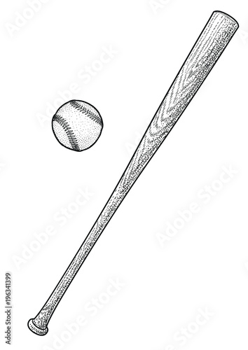 "Baseball bat, ball illustration, drawing, engraving, ink, line art