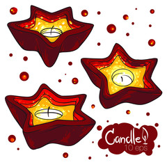 Vector red candle. Set include three objects. Isolated on white background.