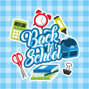 back to school card scissors clock calculator backpack marker vector illustration