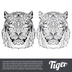 Vector face of tiger in line style and vintage style. Isolated on white background.