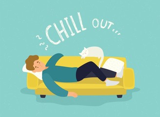 Cute man lying relaxed on yellow couch and Chill Out inscription. Cheerful guy resting on sofa with his cat. Repose, relaxation and recreation at home. Flat cartoon colorful vector illustration.