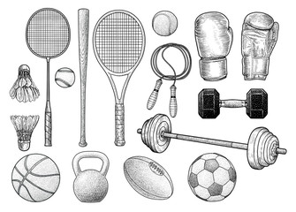 Sport equipments illustration, drawing, engraving, ink, line art, vector - 196341781