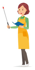 A middle-aged housewife wearing an apron has a pointer