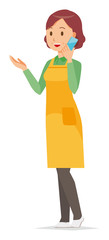 A middle-aged housewife wearing an apron is calling by smart phone
