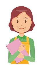 A middle-aged housewife wearing an apron has a file