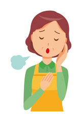 A middle-aged housewife wearing an apron is sighing