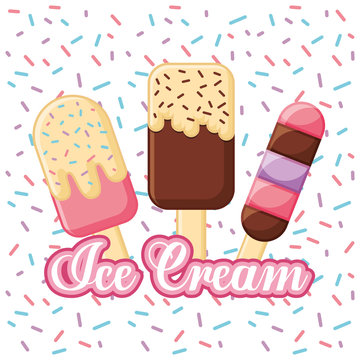 ice cream lolly bar on wooden sticks with chips vector illustration