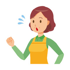 A middle-aged housewife wearing an apron is running