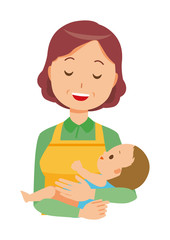 A middle-aged housewife wearing an apron is hugging a baby