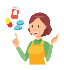 A middle-aged housewife wearing an apron is explains about medicine