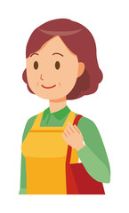 A middle-aged housewife wearing an apron is walking with bag