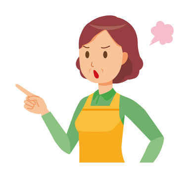 A middle-aged housewife wearing an apron is angrily pointing to a finger