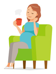 A pregnant woman wearing green clothes is sitting on a sofa and drinking coffee