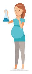 A pregnant woman wearing green clothes has an erlenmeyer flask