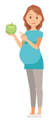 A pregnant woman wearing green clothes has a green apple