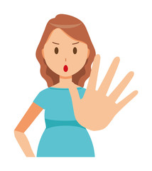 A pregnant woman wearing green clothes is stop gesture
