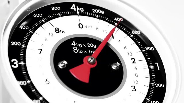 Black and white and colour Vintage scale close up, view of numeric household scale instrument and indicator, measuring food for preparing meals